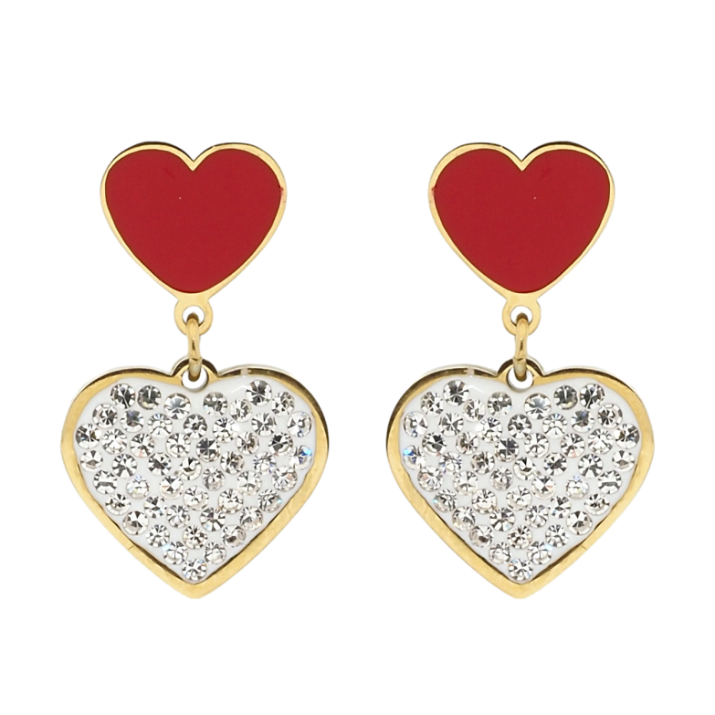 Сережки Xuping TTM Stainless Steel колір 14K пусети Серця з цирконієм та червоною емаллю фото №1