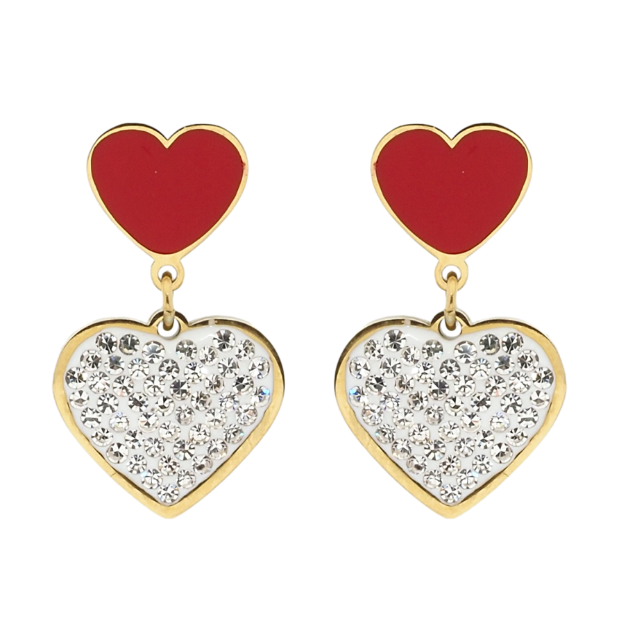 Сережки Xuping TTM Stainless Steel колір 14K пусети Серця з цирконієм та червоною емаллю фото №1