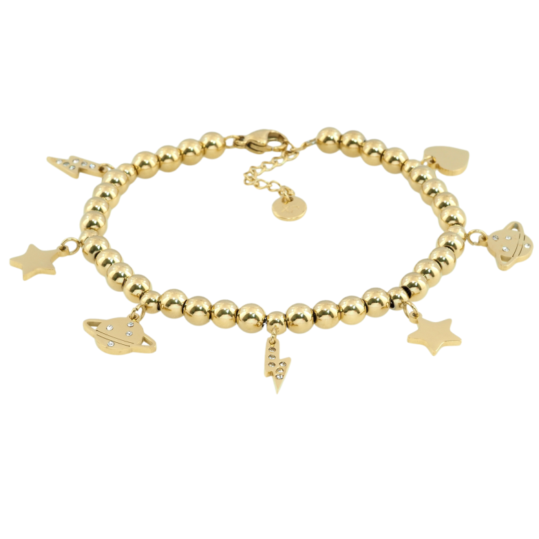 Браслет Xuping ТТМ Stainless Steel колір 14K Намистини з підвісками довжина з доп.ланцюжком 18-21см х 5мм фото №1 Браслет Xuping ТТМ Stainless Steel колір 14K Намистини з підвісками довжина з доп.ланцюжком 18-21см х 5мм фото №1