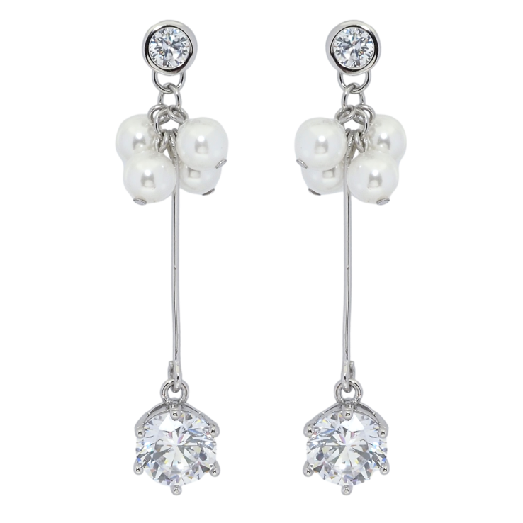 Серьги Xuping Родий пусеты Гроздья жемчужных бусин с фианитом фото №5