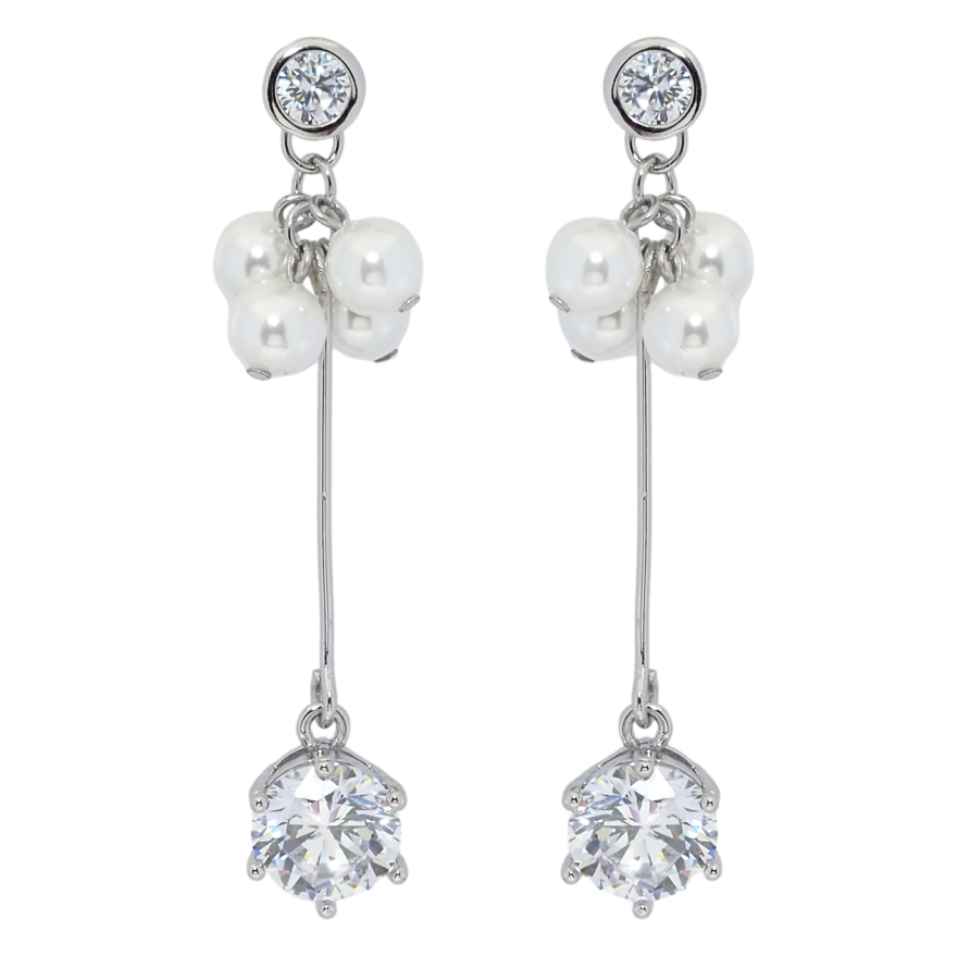 Серьги Xuping Родий пусеты Гроздья жемчужных бусин с фианитом фото №1