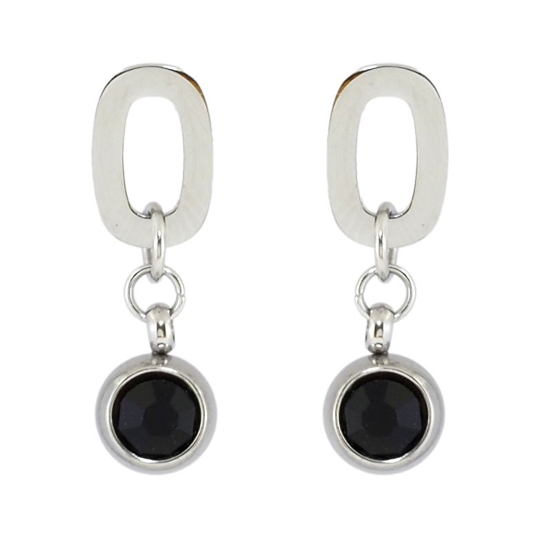 Сережки Xuping TTM Stainless Steel колір Родій пусети Овальні з підвісками кульками та чорними фіанітами фото №1 Сережки Xuping TTM Stainless Steel колір Родій пусети Овальні з підвісками кульками та чорними фіанітами фото №1