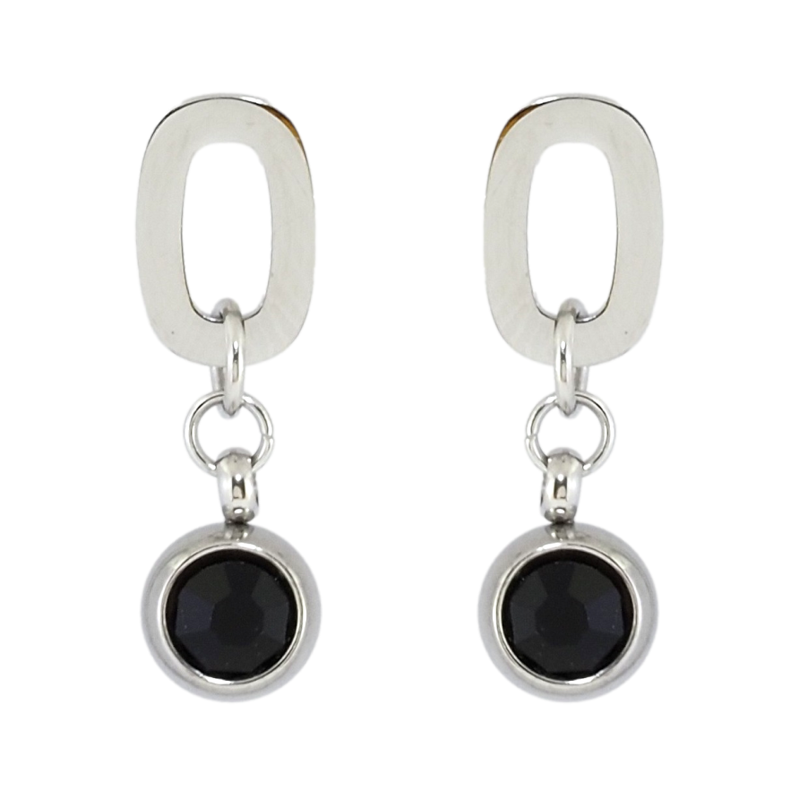 Сережки Xuping TTM Stainless Steel колір Родій пусети Овальні з підвісками кульками та чорними фіанітами фото №1 Сережки Xuping TTM Stainless Steel колір Родій пусети Овальні з підвісками кульками та чорними фіанітами фото №1