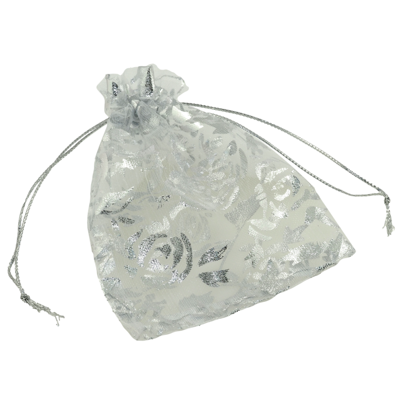 Мішечок подарунковий з органзи Квітковий візерунок, колір сріблястий розмір 8х12см ціна за 1 шт. фото №1 Мішечок подарунковий з органзи Квітковий візерунок, колір сріблястий розмір 8х12см ціна за 1 шт. фото №1
