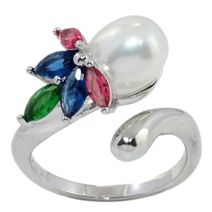 Кольцо Xuping Родий Жемчужина с цветными фианитами фото №5