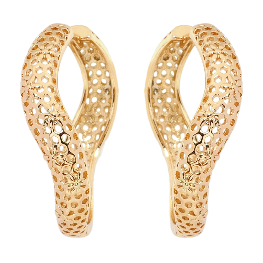 Серьги Xuping Позолота 18K колечки Фигурные с резным узором ø 3.5см фото №1 Серьги Xuping Позолота 18K колечки Фигурные с резным узором ø 3.5см фото №1