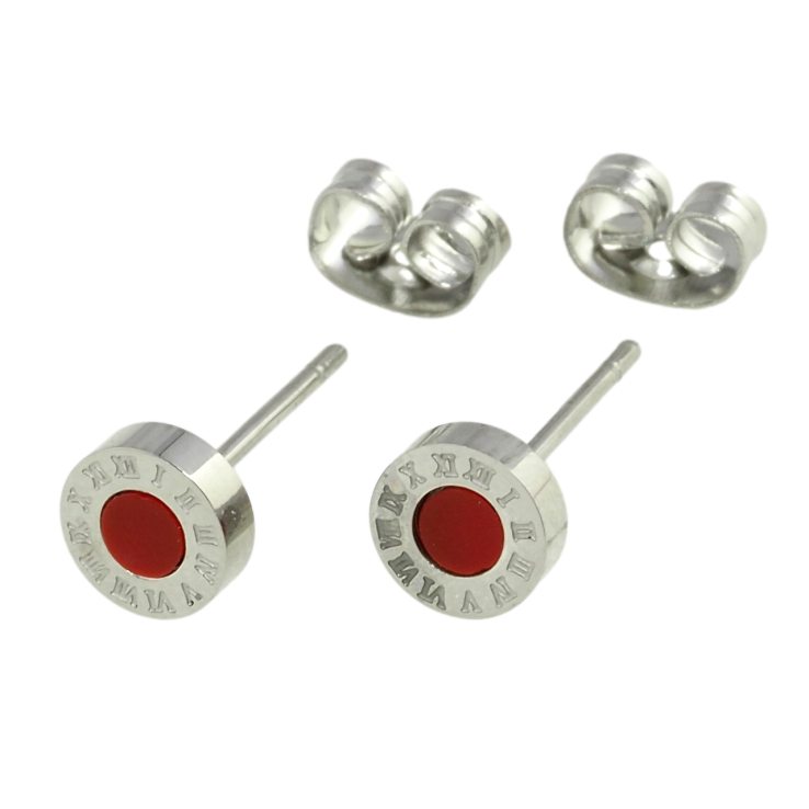 Сережки Xuping TTM Stainless Steel колір Родій пусети Циферблат з червоними вставками ø 6мм фото №3