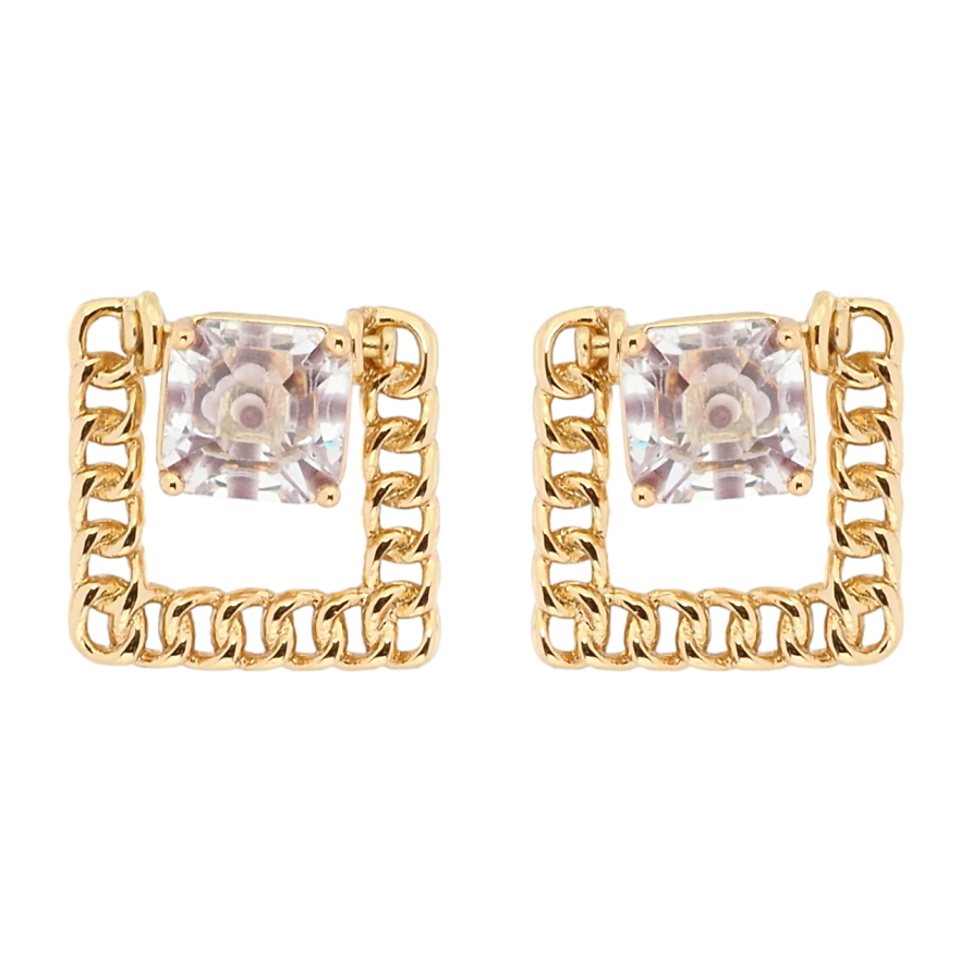 Сережки Xuping Позолота 18K пусети Декоративний фіаніт у квадраті з ланцюжка фото №1