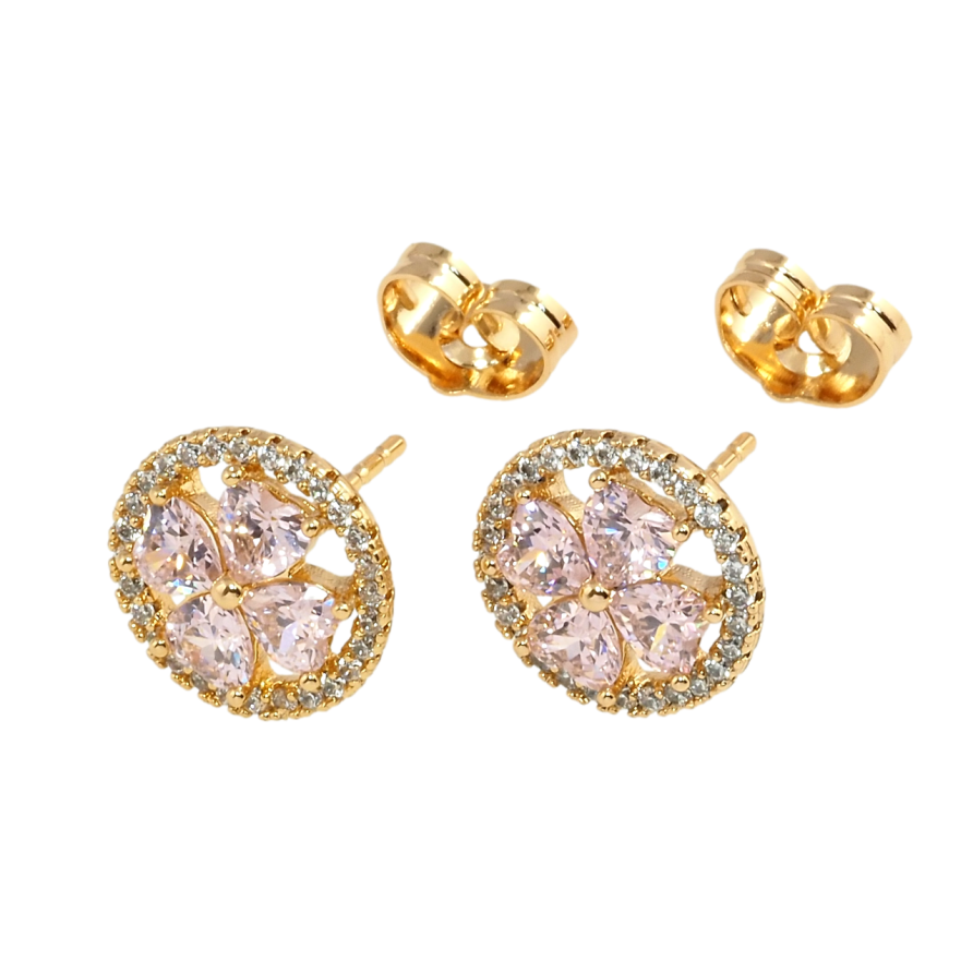 Сережки Xuping Позолота 18K пусети Квіточка з рожевих фіанітів у кільці цирконію фото №1