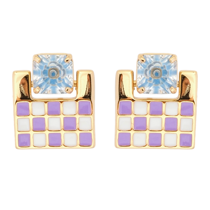 Серьги Xuping Позолота 18K пусеты Шахматный узор бело-сиреневой эмалью с голубым фианитом фото №9