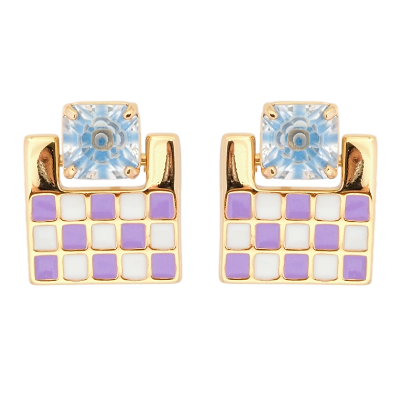 Серьги Xuping Позолота 18K пусеты Шахматный узор бело-сиреневой эмалью с голубым фианитом фото №1