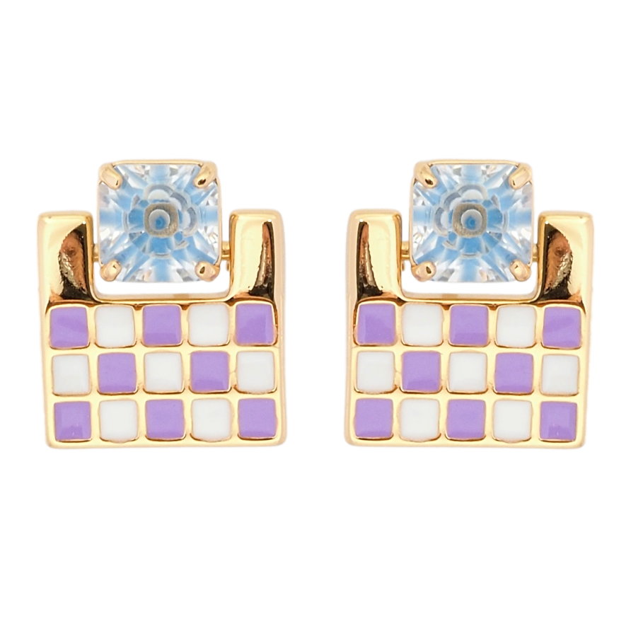Серьги Xuping Позолота 18K пусеты Шахматный узор бело-сиреневой эмалью с голубым фианитом фото №1