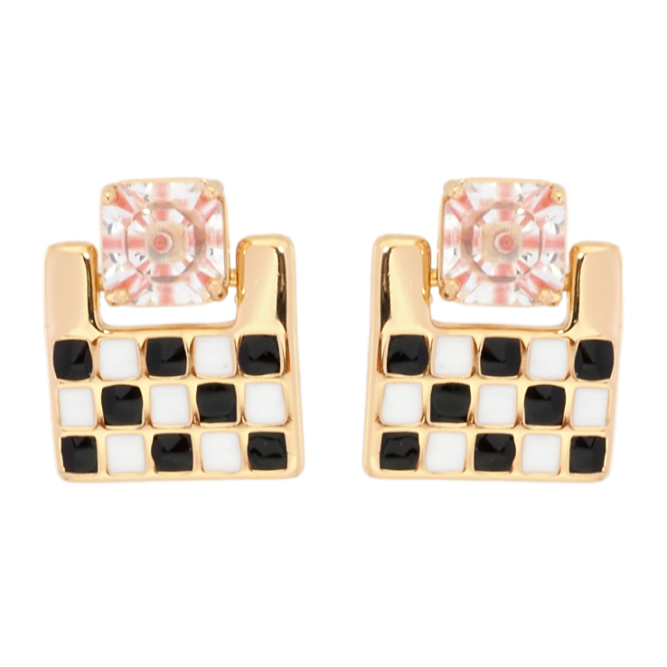 Серьги Xuping Позолота 18K пусеты Шахматный узор бело-черной эмалью с розовым фианитом фото №7