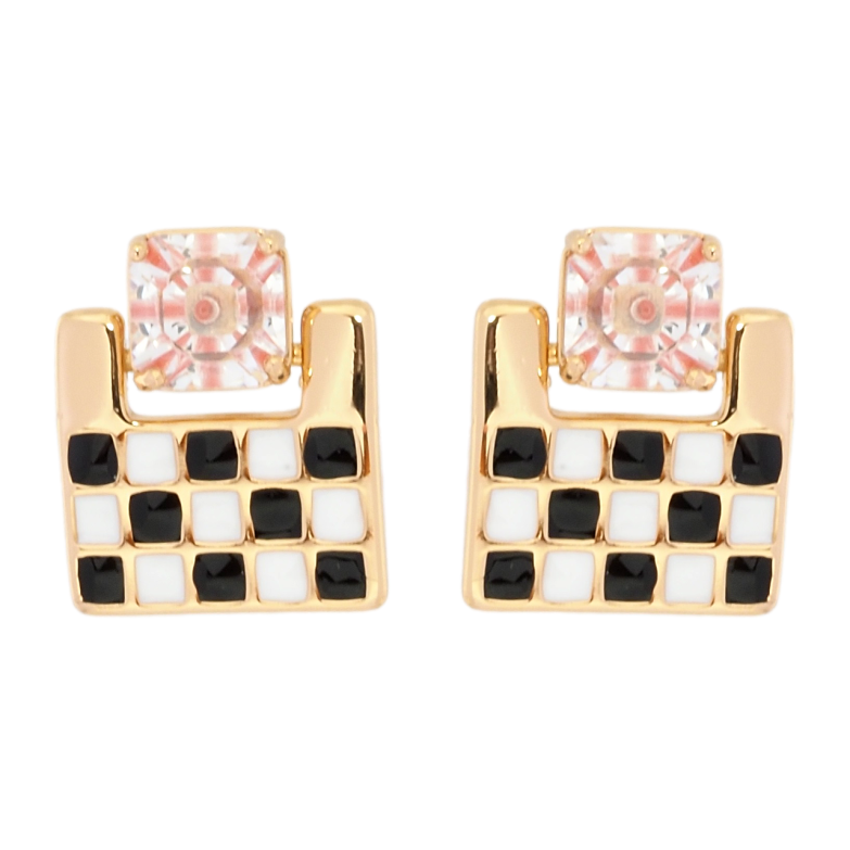 Сережки Xuping Позолота 18K пусети Шаховий візерунок біло-чорною емаллю з рожевим фіанітом фото №1 Сережки Xuping Позолота 18K пусети Шаховий візерунок біло-чорною емаллю з рожевим фіанітом фото №1