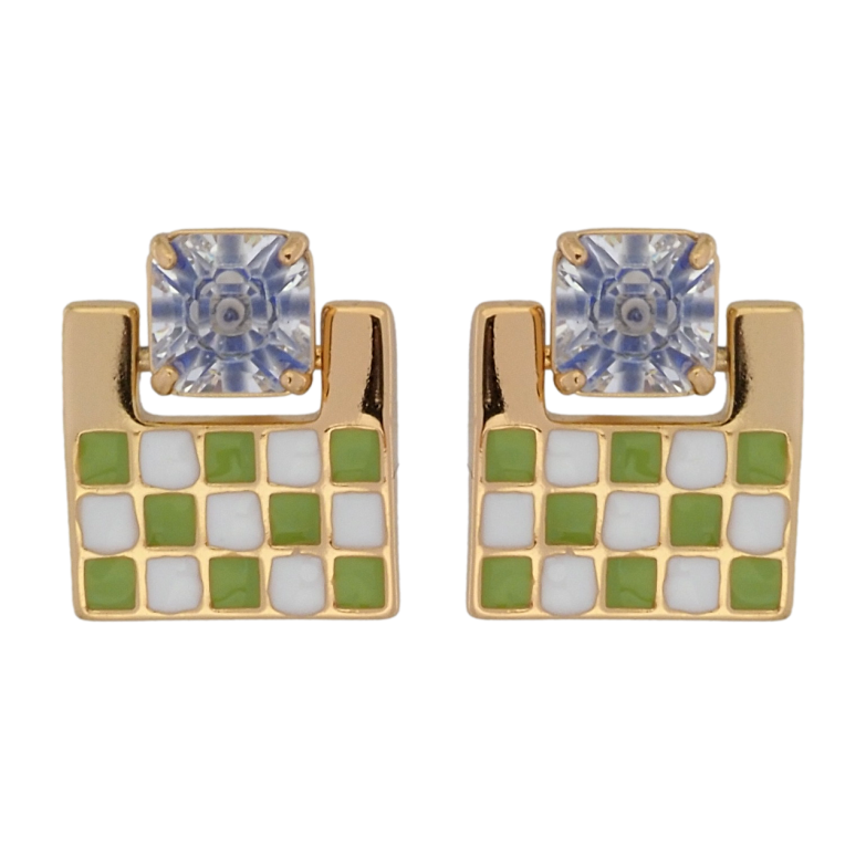 Сережки Xuping Позолота 18K пусети Шаховий візерунок біло-зеленою емаллю з блакитним фіанітом фото №1 Сережки Xuping Позолота 18K пусети Шаховий візерунок біло-зеленою емаллю з блакитним фіанітом фото №1