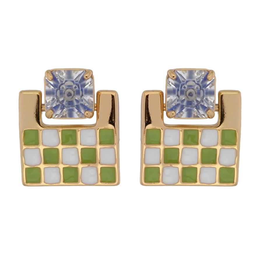 Серьги Xuping Позолота 18K пусеты Шахматный узор бело-зеленой эмалью с голубым фианитом фото №1