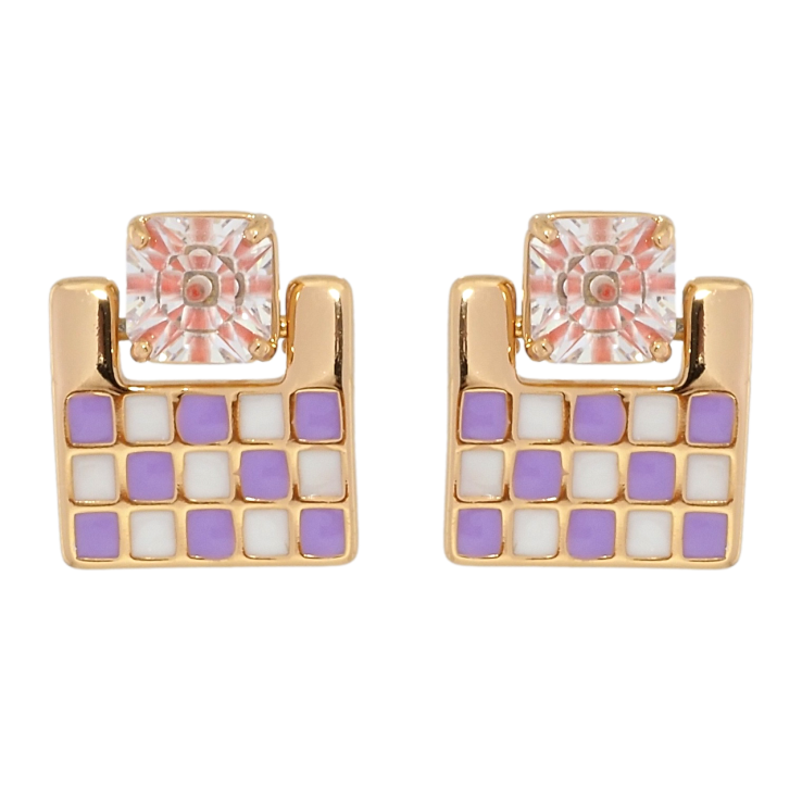 Серьги Xuping Позолота 18K пусеты Шахматный узор бело-сиреневой эмалью с розовым фианитом фото №8
