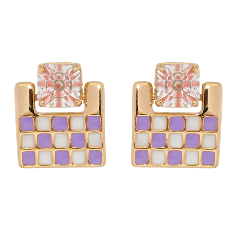 Серьги Xuping Позолота 18K пусеты Шахматный узор бело-сиреневой эмалью с розовым фианитом фото №6