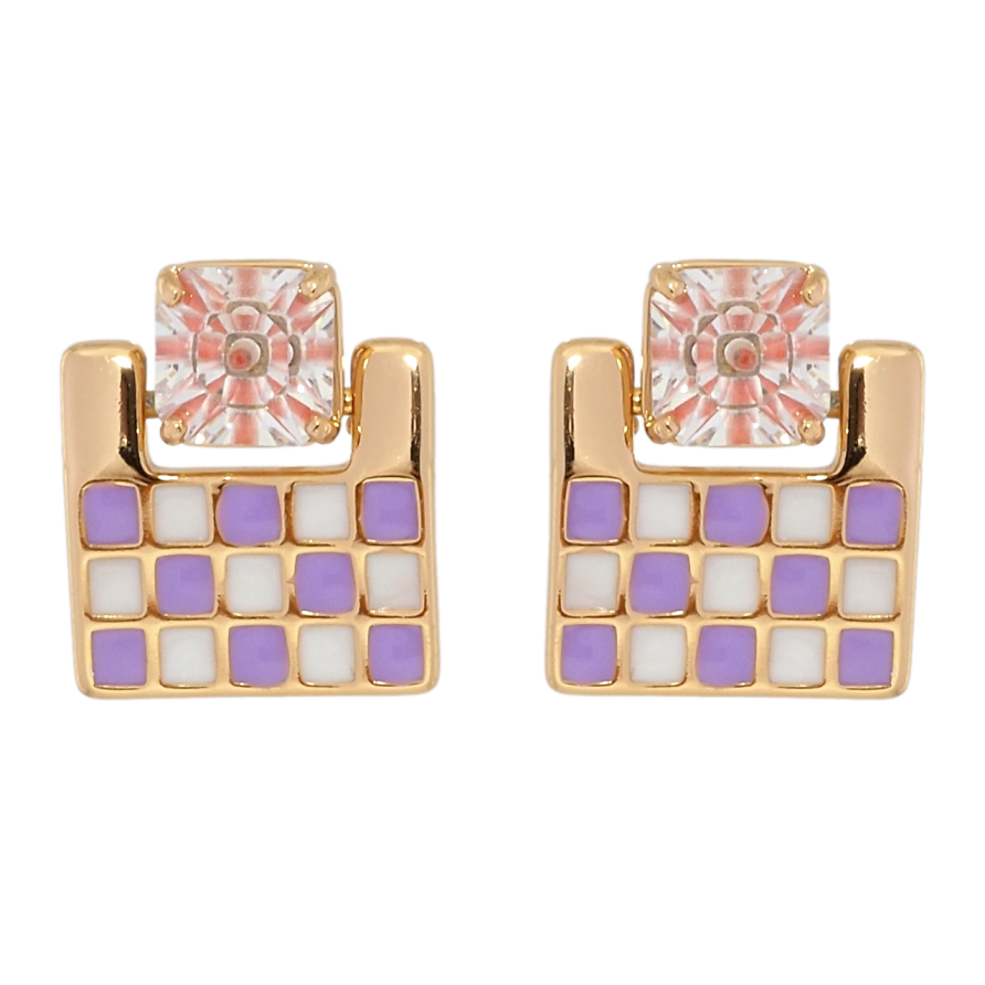 Сережки Xuping Позолота 18K пусети Шаховий візерунок біло-бузковою емаллю з рожевим фіанітом фото №1 Сережки Xuping Позолота 18K пусети Шаховий візерунок біло-бузковою емаллю з рожевим фіанітом фото №1