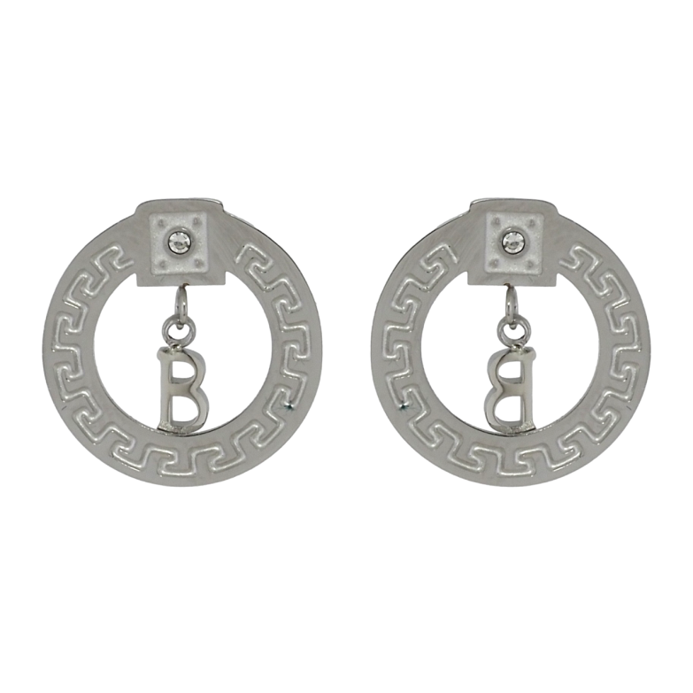 Сережки Xuping TTM Stainless Steel колір Родій пусети Кільця з грецьким візерунком та літерою В фото №1 Сережки Xuping TTM Stainless Steel колір Родій пусети Кільця з грецьким візерунком та літерою В фото №1