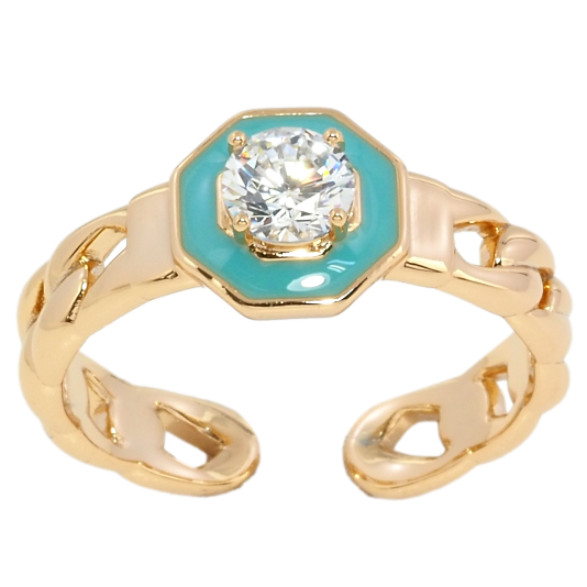 Кольцо Xuping Позолота 18K Узор цепочка с бирюзовой эмалью и фианитом фото №1