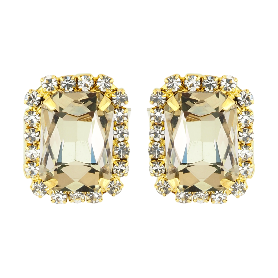 Серьги пусеты Золотистые кристаллы в обрамлении страз 24х19мм фото №1