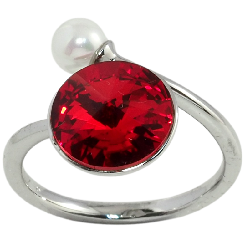 Каблучка Xuping колір Родій з кр-ми Swarovski Кристал Light Siam з перлиною, ø 5мм и 11мм фото №1 Каблучка Xuping колір Родій з кр-ми Swarovski Кристал Light Siam з перлиною, ø 5мм и 11мм фото №1