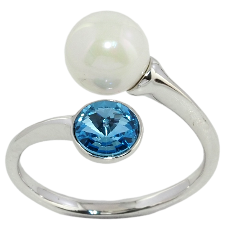 Кольцо Xuping цвет Родий с кр-ми Swarovski Кристалл Aquamarine с жемчужиной фото №1