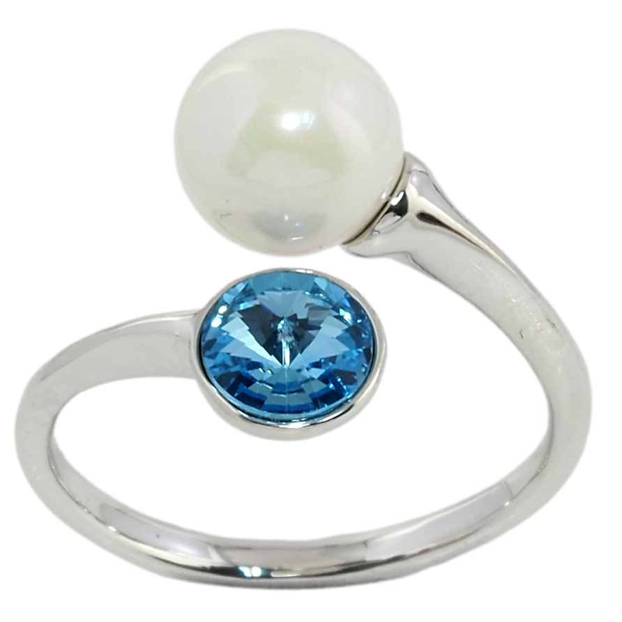 Кольцо Xuping цвет Родий с кр-ми Swarovski Кристалл Aquamarine с жемчужиной фото №1