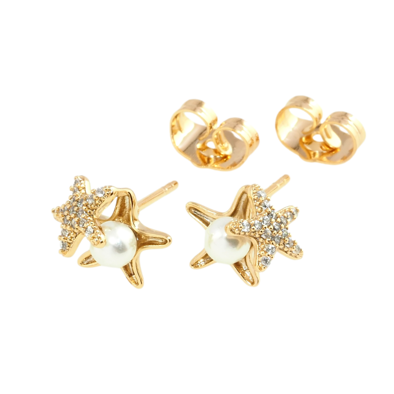 Серьги Xuping Позолота 18K пусеты Звезды с инкрустацией цирконием и жемчугом фото №1