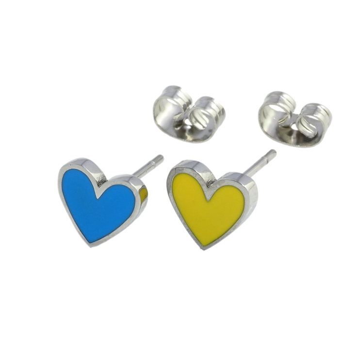 Сережки Xuping TTM Stainless Steel колір Родій пусети Сердечки Патріотичні жовто-блакитні фото №24