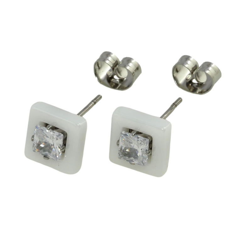 Сережки Xuping TTM Stainless Steel колір Родій пусети Квадрати з білої кераміки із кристалом 8х8мм фото №5