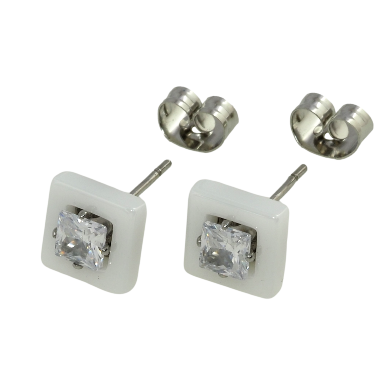 Серьги Xuping TTM Stainless Steel цвет Родий пусеты Квадраты из белой керамики с кристаллом 8х8мм фото №1