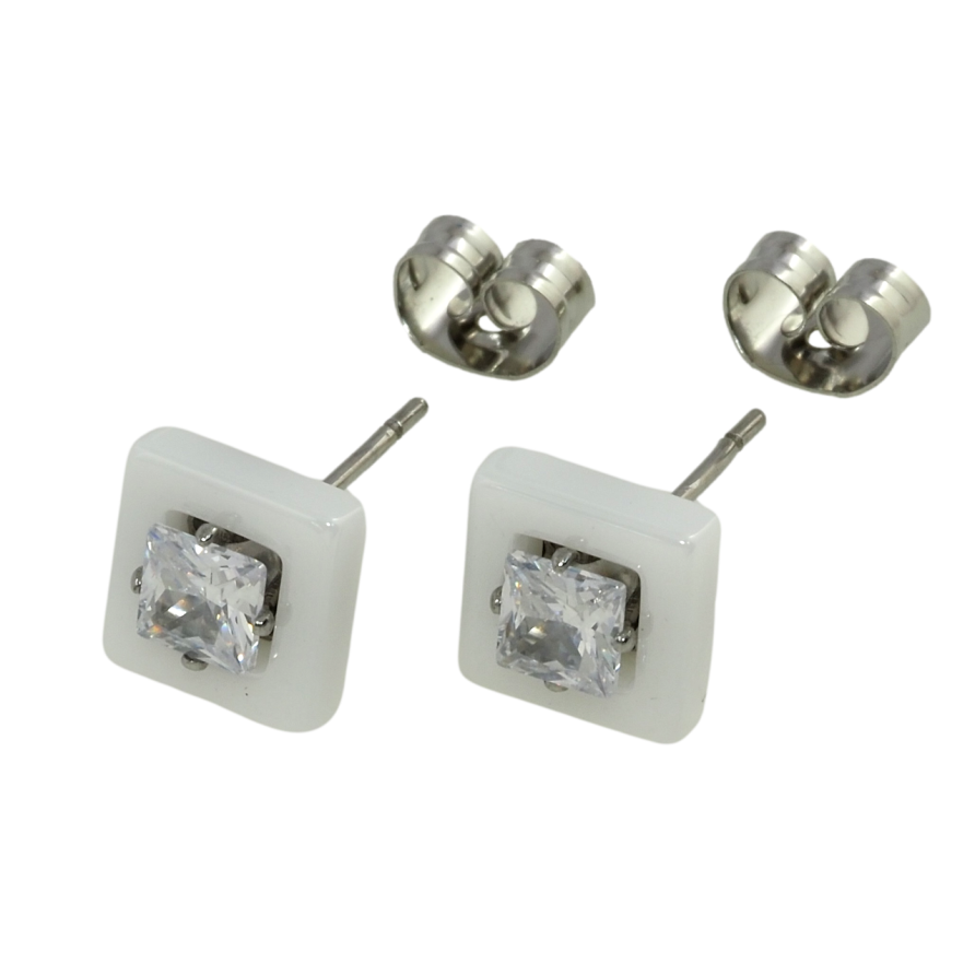 Сережки Xuping TTM Stainless Steel колір Родій пусети Квадрати з білої кераміки із кристалом 8х8мм фото №1