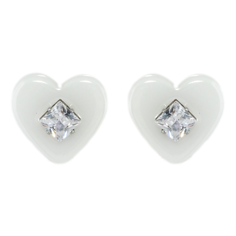 Сережки Xuping TTM Stainless Steel колір Родій пусети Серця з білої кераміки з кристалом фото №1