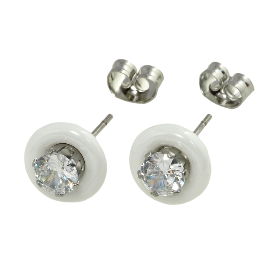 Сережки Xuping TTM Stainless Steel колір Родій пусети Кола із білої кераміки з цирконієм ø 9мм фото №1