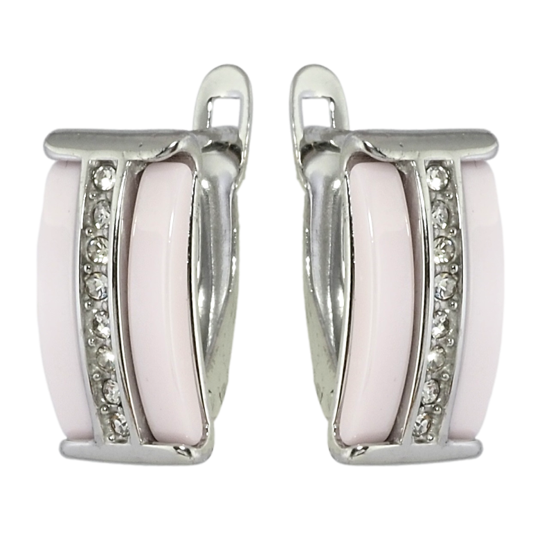 Сережки Xuping TTM Stainless Steel колір Родій англійський замок Доріжки цирконію із вставками рожева кераміка фото №1 Сережки Xuping TTM Stainless Steel колір Родій англійський замок Доріжки цирконію із вставками рожева кераміка фото №1