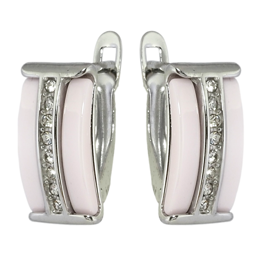 Сережки Xuping TTM Stainless Steel колір Родій англійський замок Доріжки цирконію із вставками рожева кераміка фото №1 Сережки Xuping TTM Stainless Steel колір Родій англійський замок Доріжки цирконію із вставками рожева кераміка фото №1