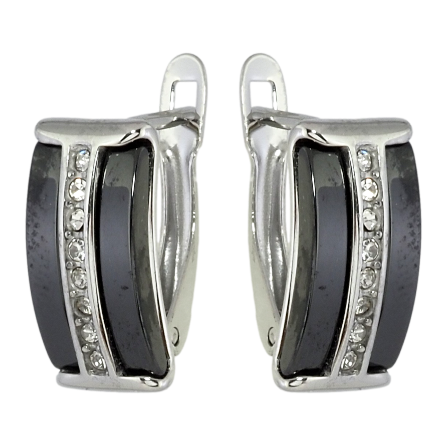 Сережки Xuping TTM Stainless Steel колір Родій англійський замок Доріжки цирконію із вставками чорна кераміка фото №1 Сережки Xuping TTM Stainless Steel колір Родій англійський замок Доріжки цирконію із вставками чорна кераміка фото №1