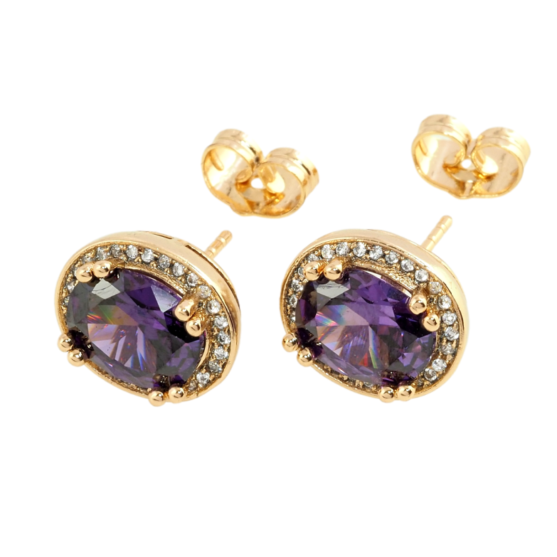 Серьги Xuping Позолота 18K пусеты Сиреневые фианиты в обрамлении циркония 11х13мм фото №1