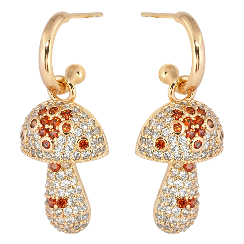 Серьги Xuping Позолота 18K пусеты Грибочки инкрустация бело-красным цирконием 2 в 1 фото №1
