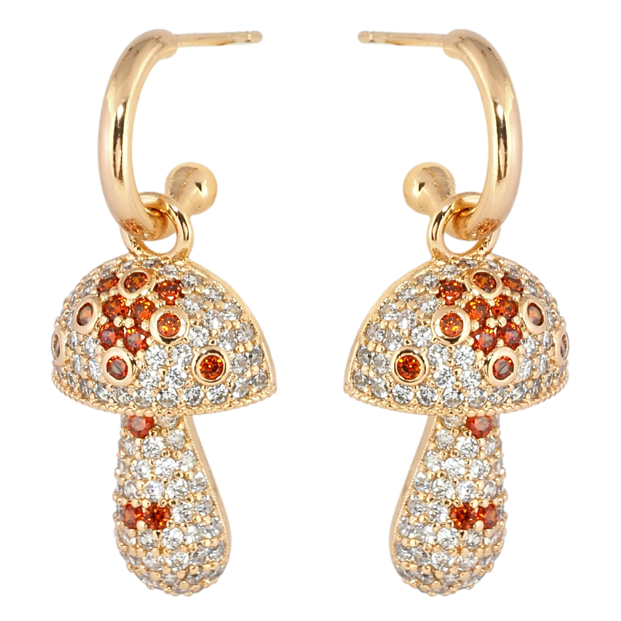 Сережки Xuping Позолота 18K пусети Грибочки інкрустація біло-червоним цирконієм 2 в 1 фото №1