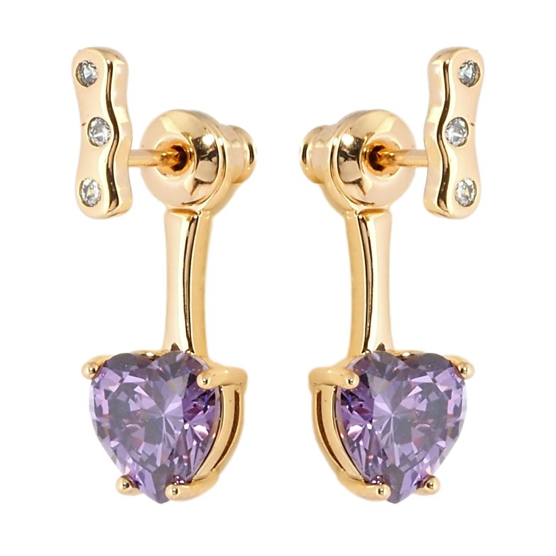 Сережки Xuping Позолота 18K пусети-джекети Сердечки бузкові фіаніти фото №1