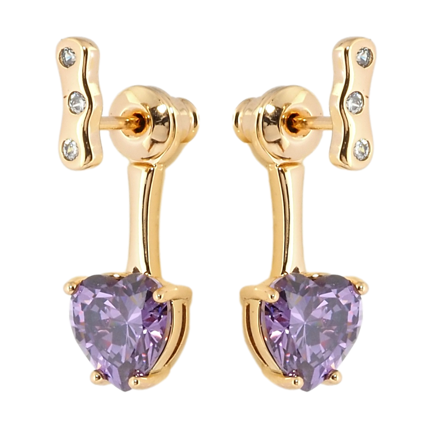 Сережки Xuping Позолота 18K пусети-джекети Сердечки бузкові фіаніти фото №1