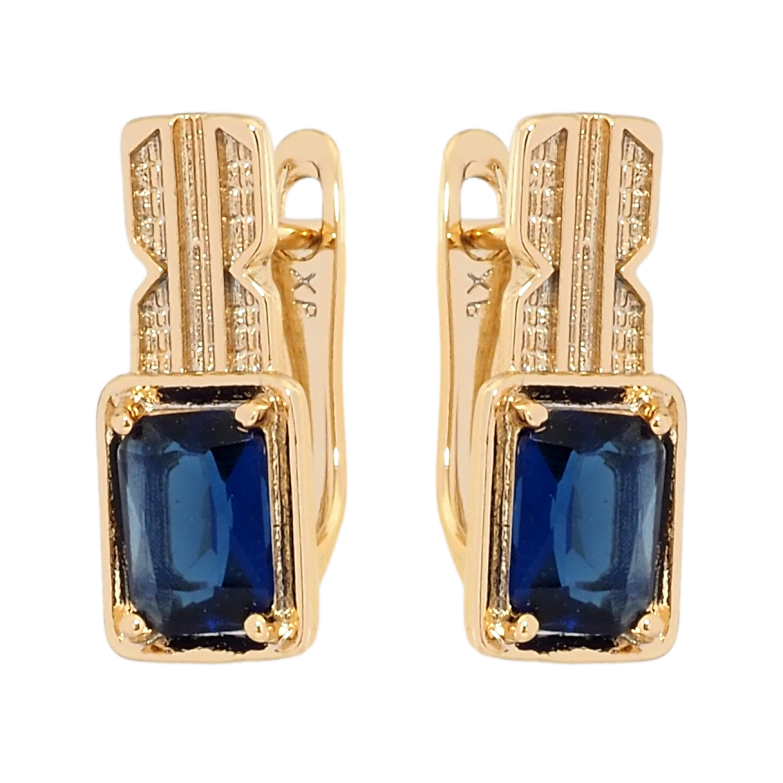 Сережки Xuping Позолота 18K англійський замок Сині фіаніти на фігурній дужці фото №1