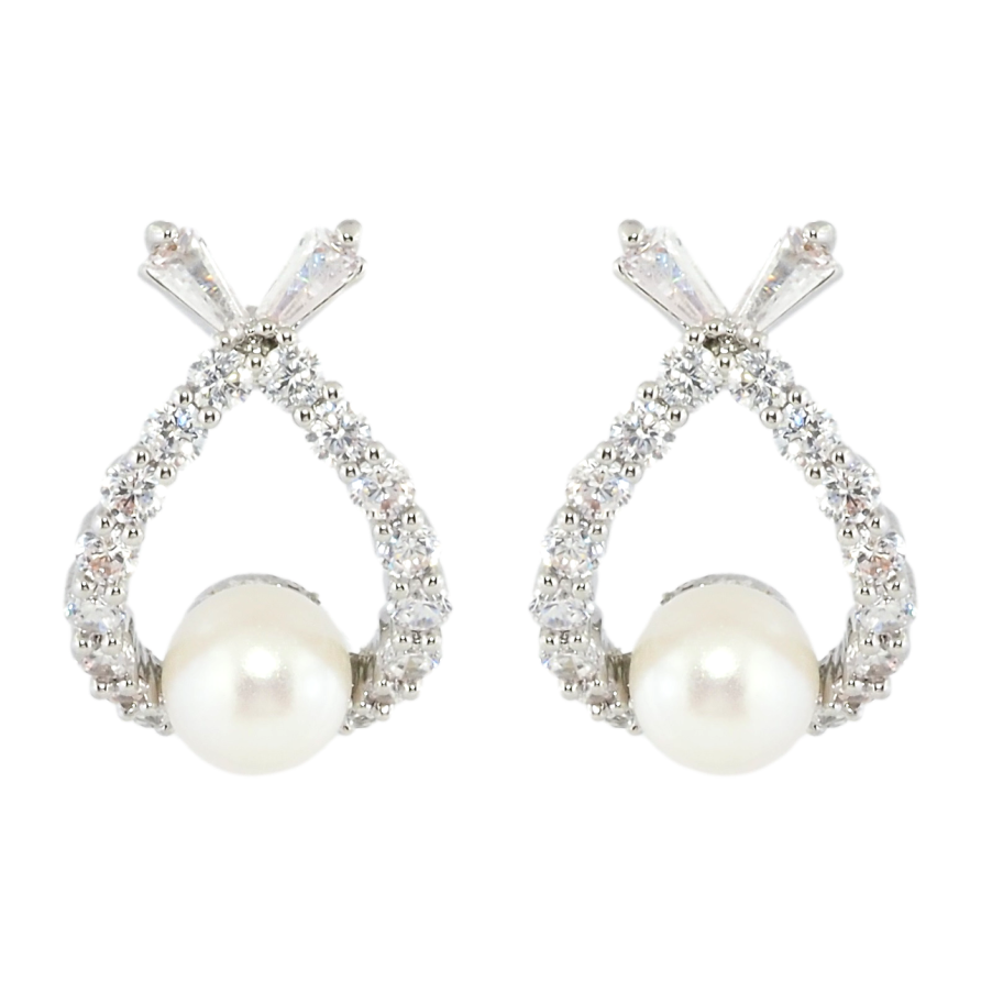 Серьги Xuping Родий пусеты Капельки с цирконием и жемчужинами фото №1 Серьги Xuping Родий пусеты Капельки с цирконием и жемчужинами фото №1