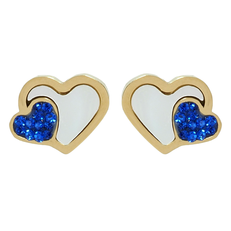Серьги Xuping TTM Stainless Steel цвет 14K пусеты Сердечки с перламутровыми вставками и синими кристаллами фото №1