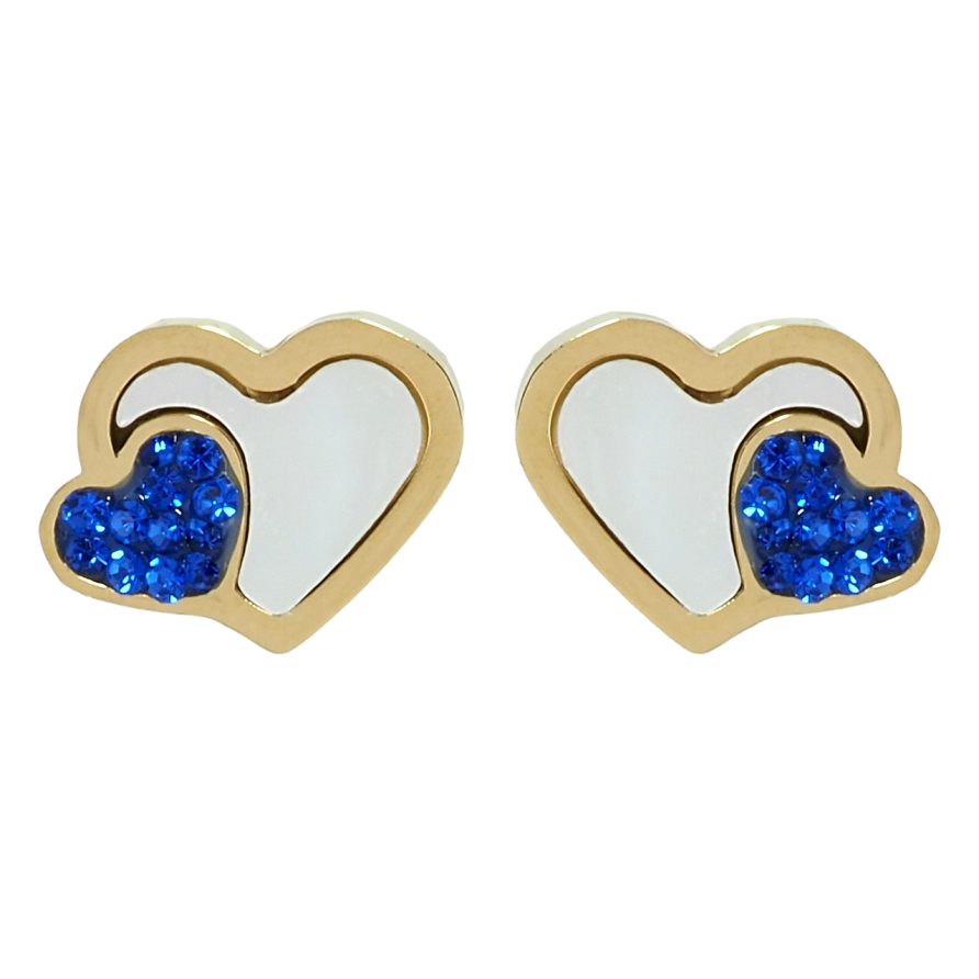 Сережки Xuping TTM Stainless Steel колір 14K пусети Серця з перламутровими вставками та синіми кристалами фото №1
