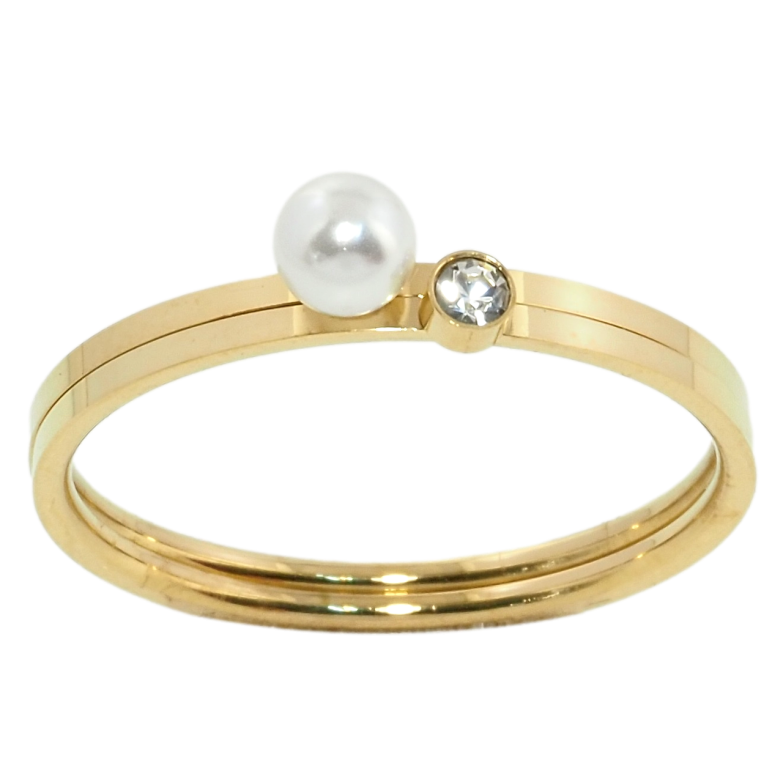 Каблучка Xuping TTM Stainless Steel Колір 14К Подвійне кільце з перлиною та фіанітом фото №1