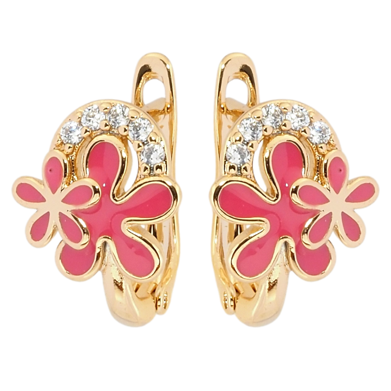 Сережки Xuping Позолота 18K англійський замок Квіточки з рожевою емаллю та цирконієм фото №1